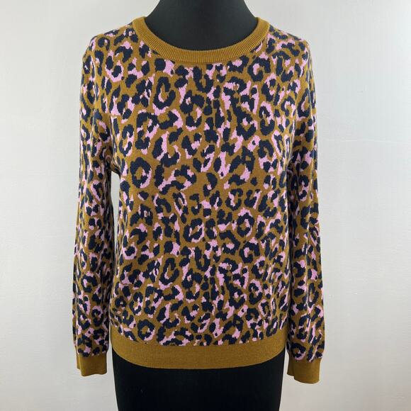 J. Crew Mod Leopard Print Bronzed Moss Pink Crewneck Pullover Sweater Size M - Picture 2 of 6